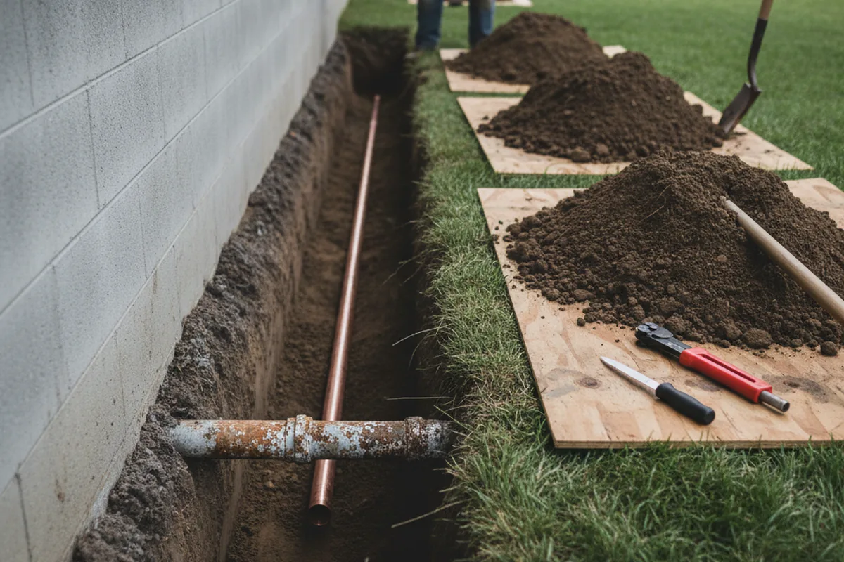 Excavated water line trench during Sewer Line Repair in Bow